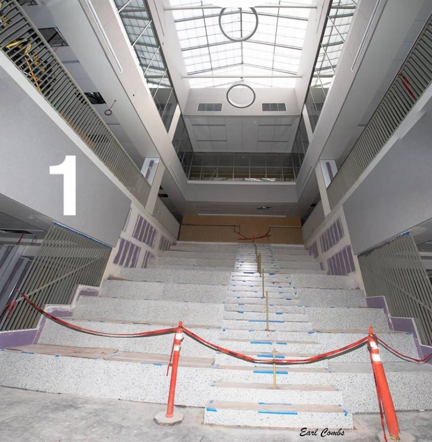 The stairs and atrium in the main classroom building.