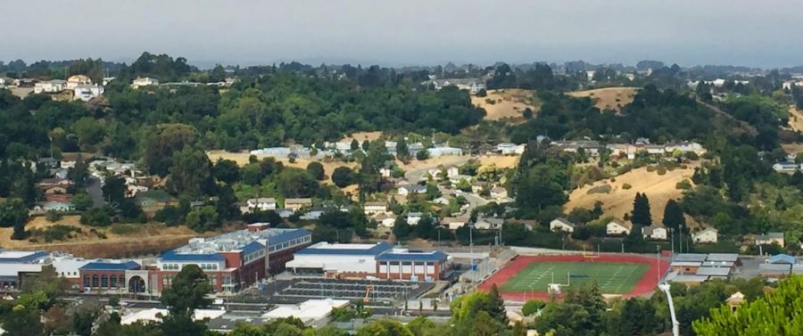 The new campus and the football field. The edge of the old campus in on the right.