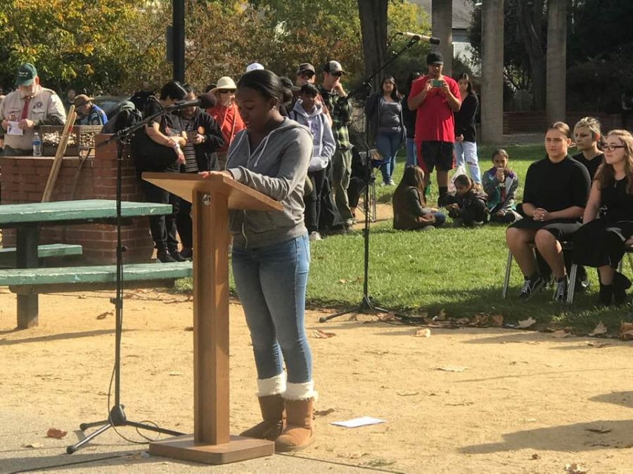 Jaylin Kent (20) delivering the annual Pinole Valley High School Veterans Day address.